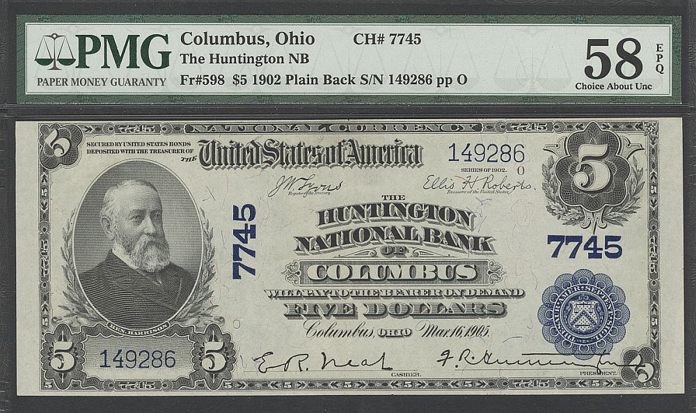 Columbus, Ohio, Ch.#7745, Huntington National Bank, 1902PB $5, 149286, PMG58-EPQ